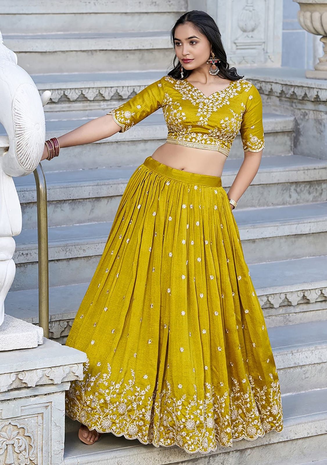 Mustard Floral Threadwork Chinon Lehenga Choli for Women