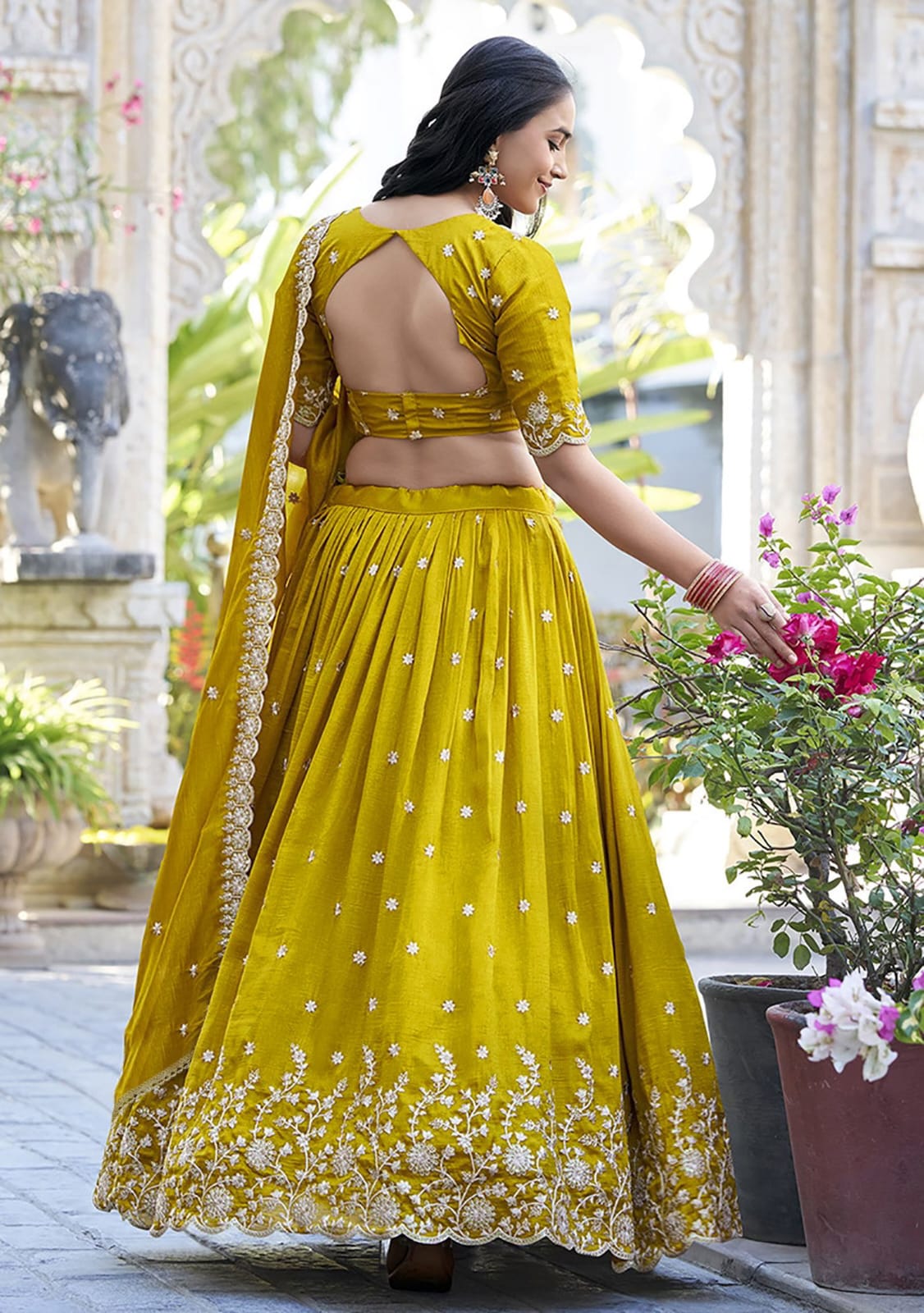 Mustard Floral Threadwork Chinon Lehenga Choli for Women