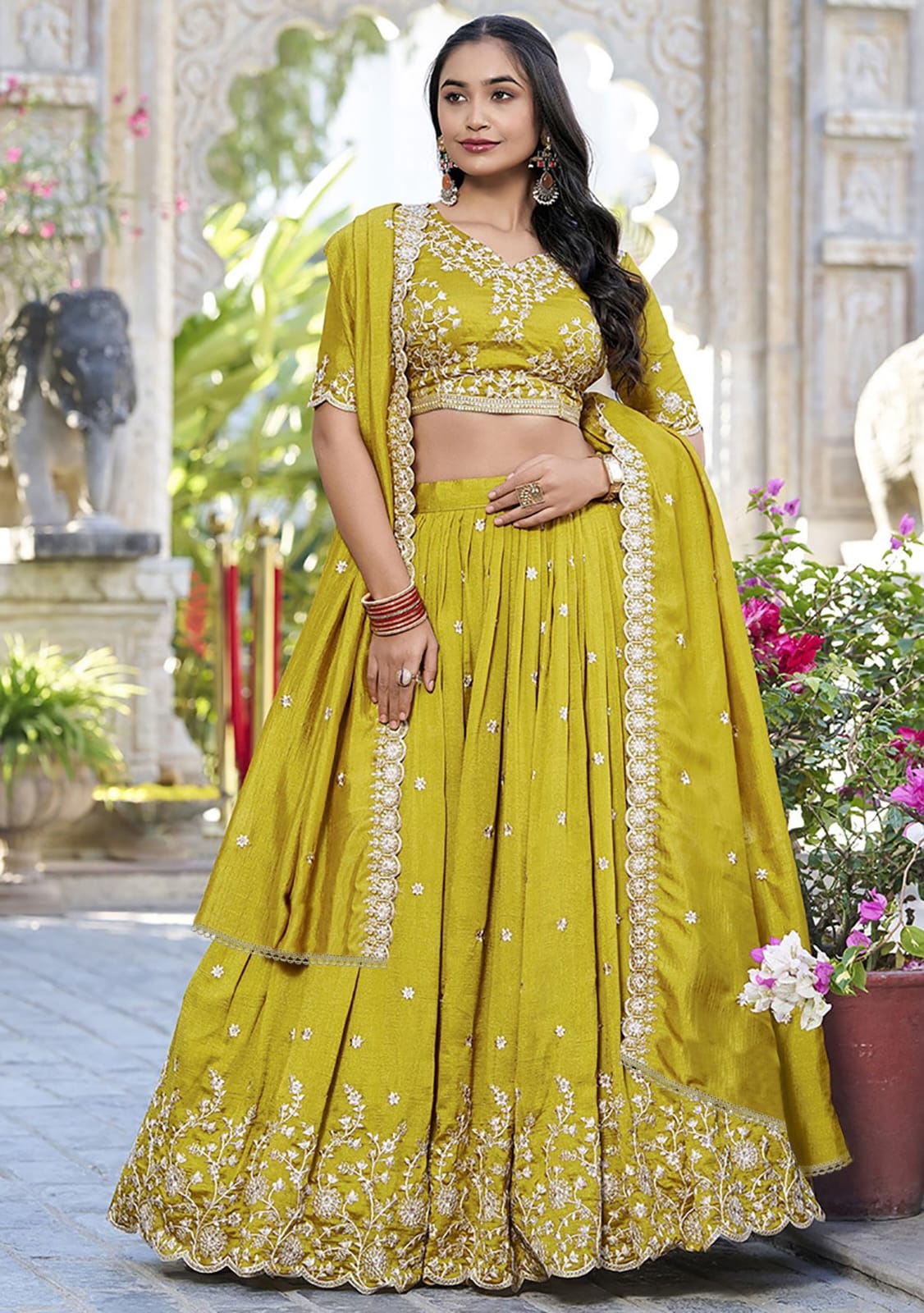 Mustard Floral Threadwork Chinon Lehenga Choli for Women