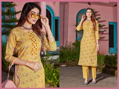 Mustard Yellow Cotton Kurti Pant Set for Women