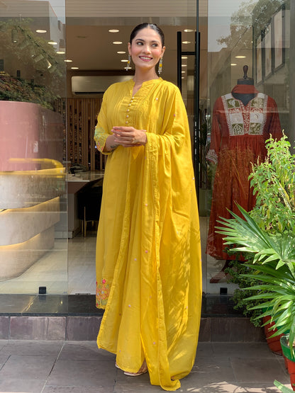 Mustard Yellow Embroidered Chanderi Silk Kurta Set for Women