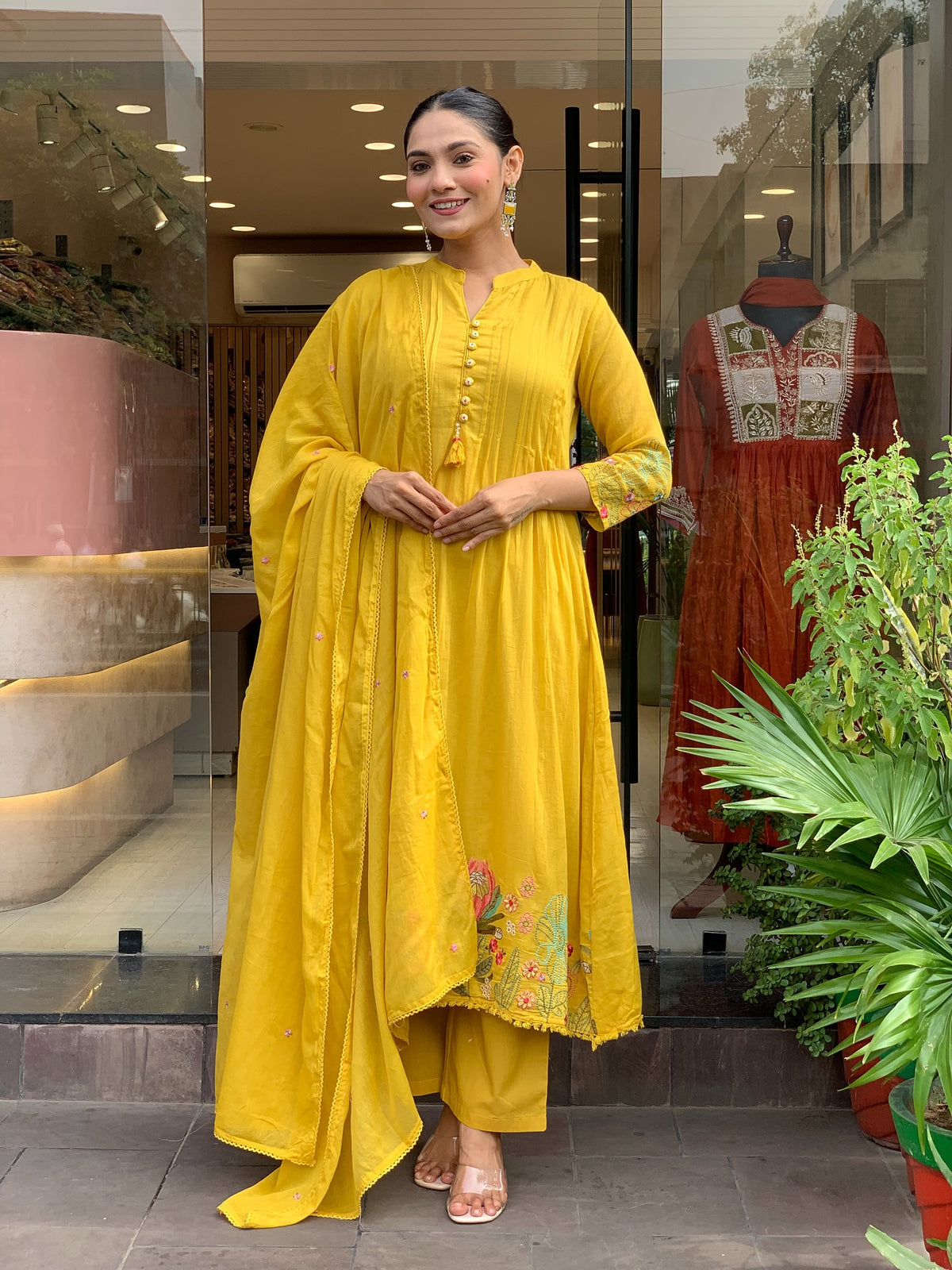 Mustard Yellow Embroidered Chanderi Silk Kurta Set for Women