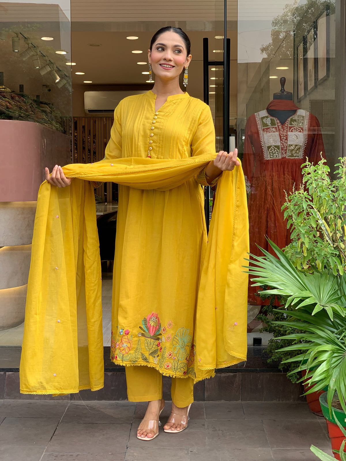 Mustard Yellow Embroidered Chanderi Silk Kurta Set for Women