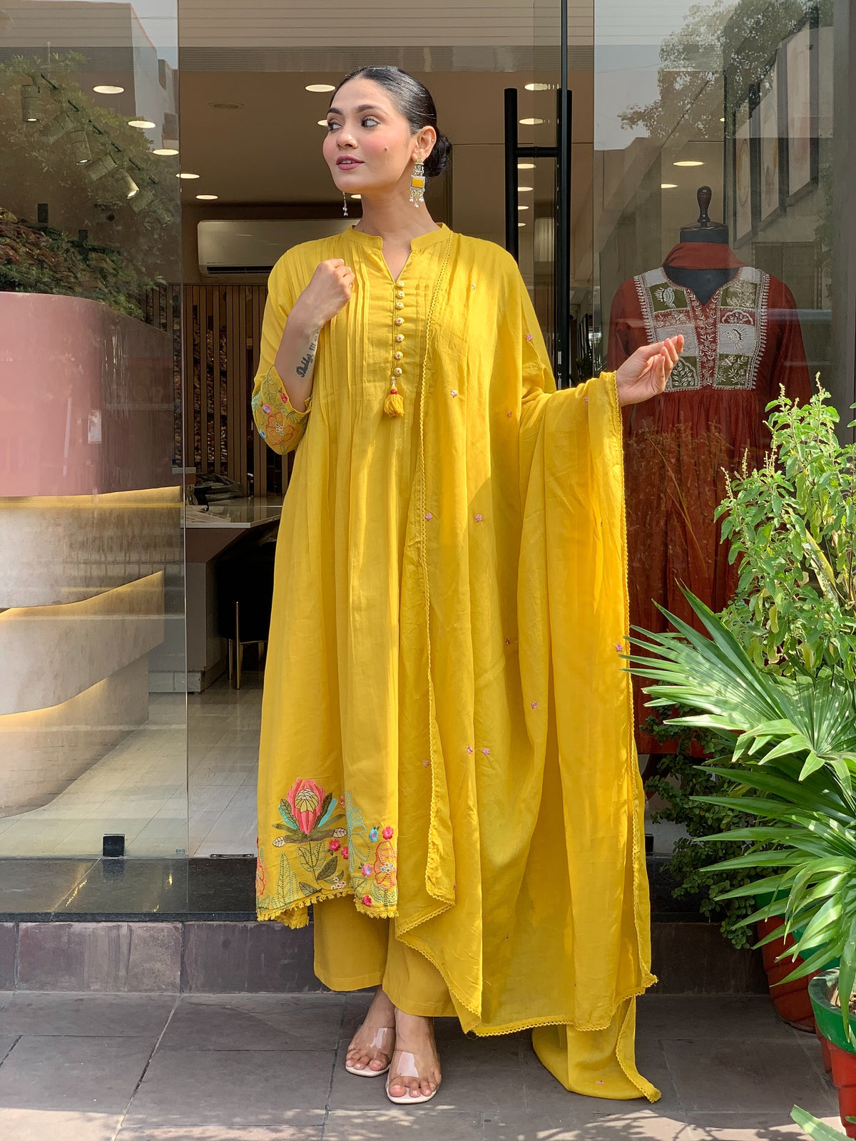 Mustard Yellow Embroidered Chanderi Silk Kurta Set for Women