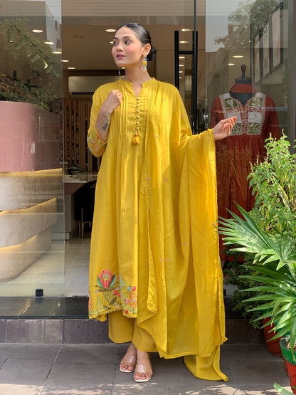 Mustard Yellow Embroidered Chanderi Silk Kurta Set for Women