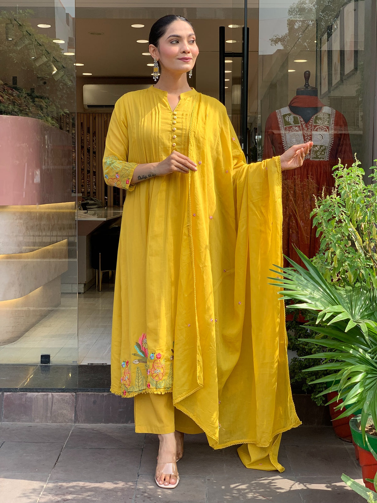 Mustard Yellow Embroidered Chanderi Silk Kurta Set for Women