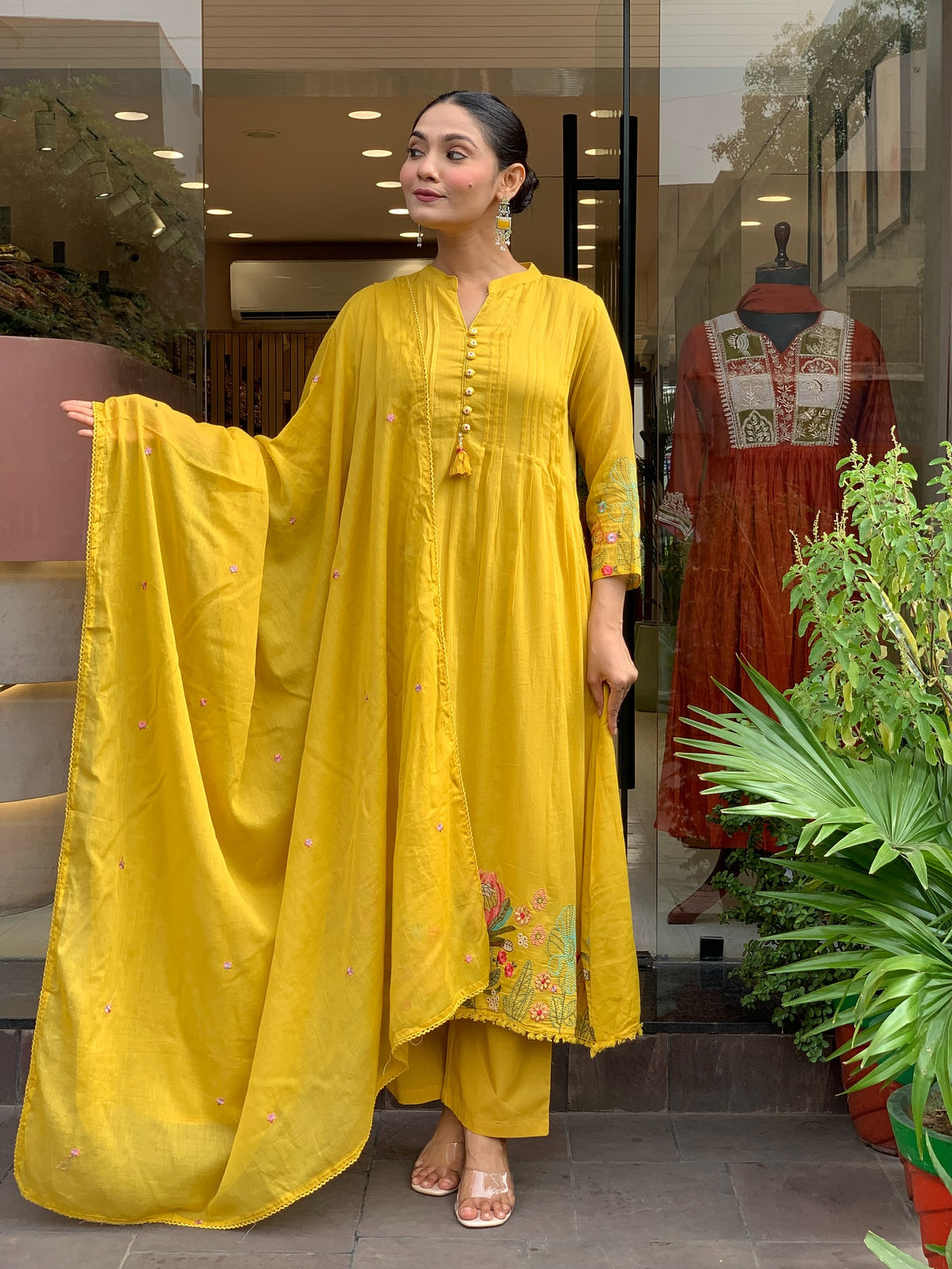 Mustard Yellow Embroidered Chanderi Silk Kurta Set for Women