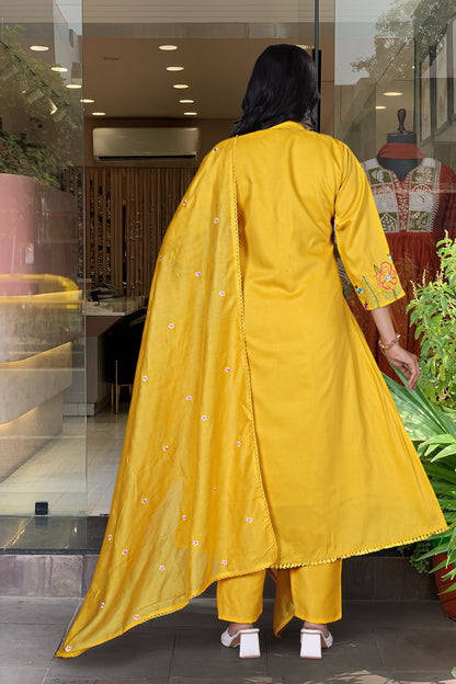 Mustard Yellow Embroidered Chanderi Silk Kurta Set for Women