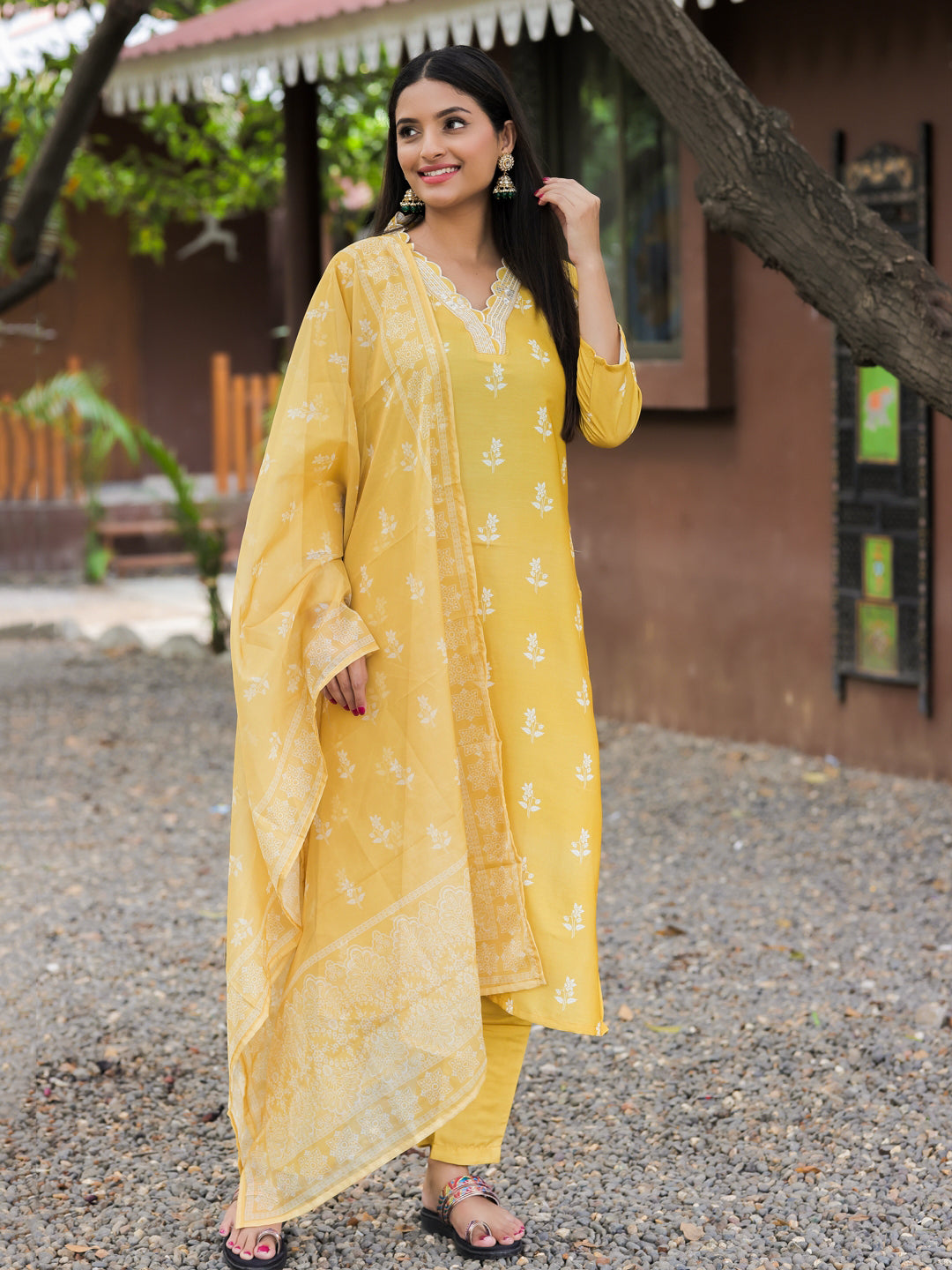 Mustard Yellow Kurti Pant Dupatta Set for Women