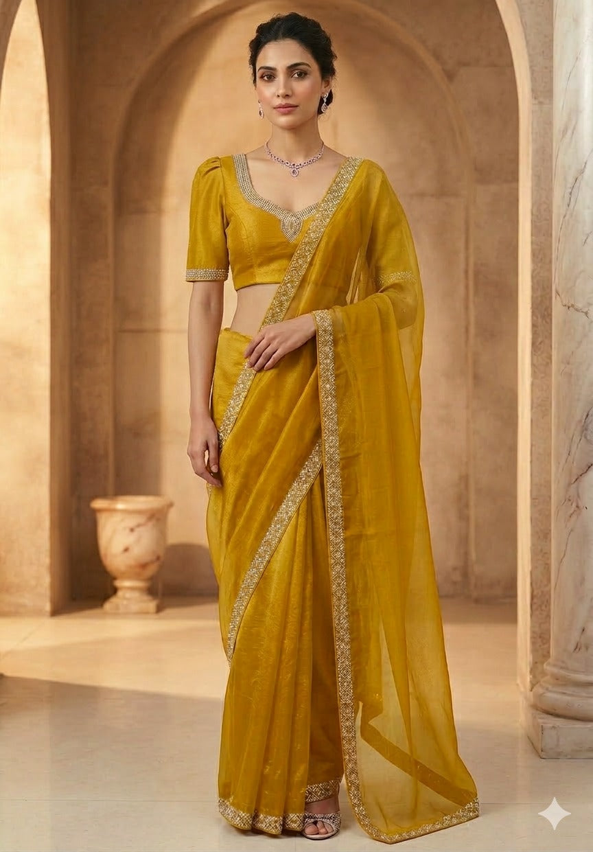 Premium Mustard Yellow Space Silk Saree with Designer Finish