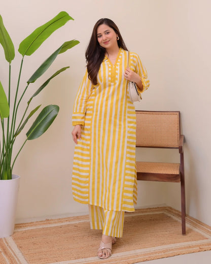 Mustard Yellow Striped Rayon Kurta Palazzo Set Women for Women