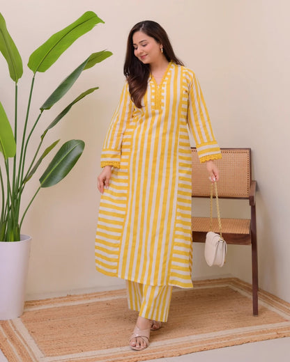 Mustard Yellow Striped Rayon Kurta Palazzo Set Women for Women