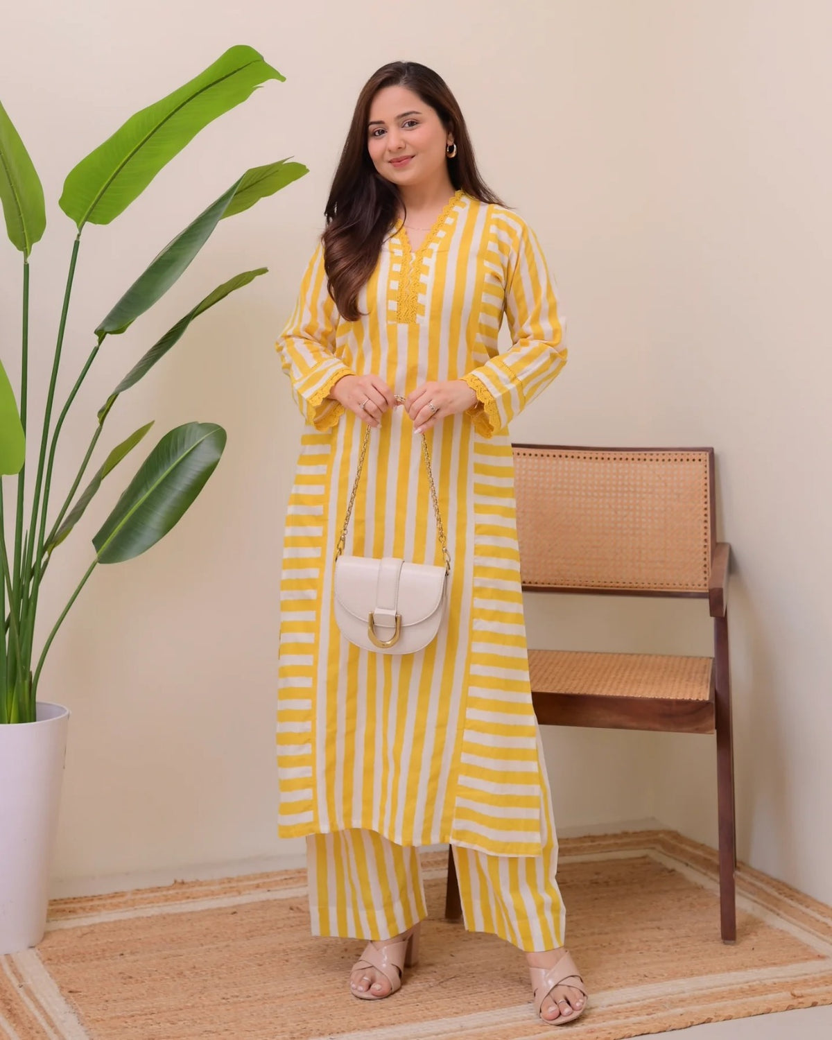 Mustard Yellow Striped Rayon Kurta Palazzo Set Women for Women