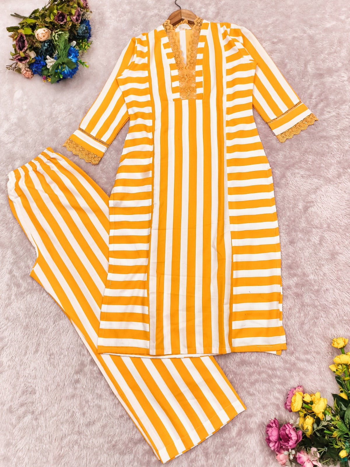 Mustard Yellow Striped Rayon Kurta Palazzo Set Women for Women