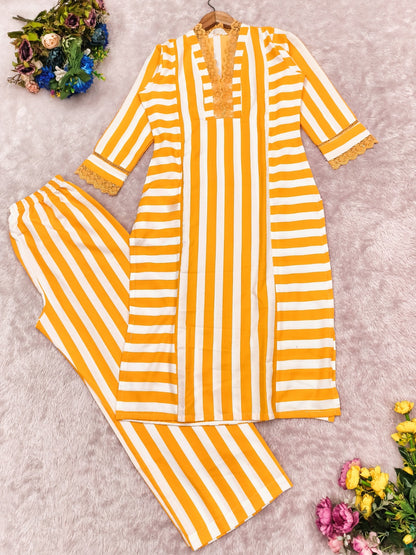 Mustard Yellow Striped Rayon Kurta Palazzo Set Women for Women