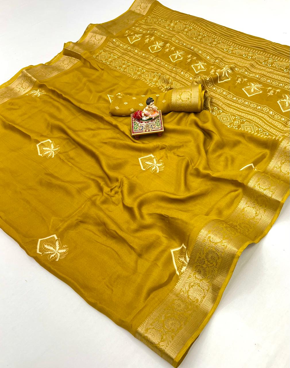 Mustard Zari Border Moss Georgette Saree With Blouse
