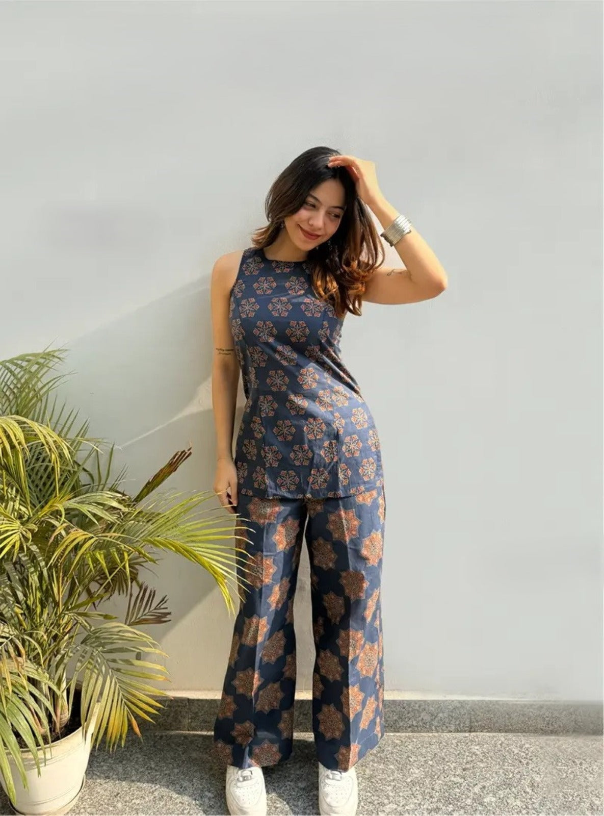 Navy Blue Ajrakh Printed Rayon Top Palazzo Set Women for Women