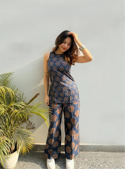 Navy Blue Ajrakh Printed Rayon Top Palazzo Set Women for Women