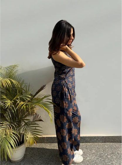 Navy Blue Ajrakh Printed Rayon Top Palazzo Set Women for Women