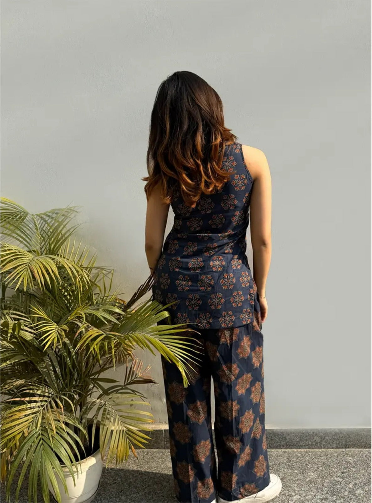 Navy Blue Ajrakh Printed Rayon Top Palazzo Set Women for Women