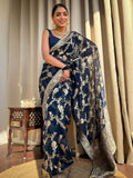 Navy Blue Banarasi Silk Saree With Gold Jacquard Work