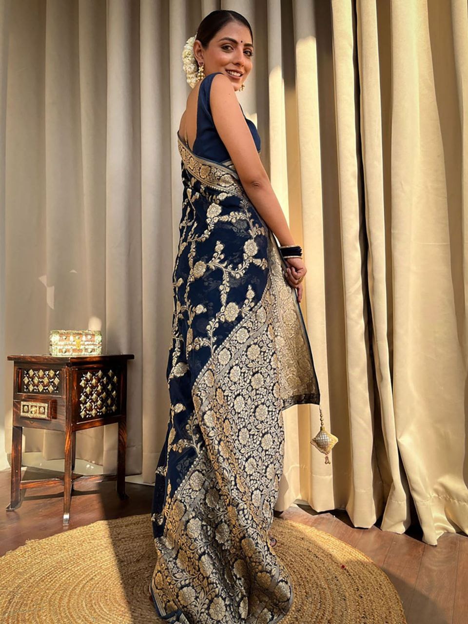 Navy Blue Banarasi Silk Saree With Gold Jacquard Work for Women