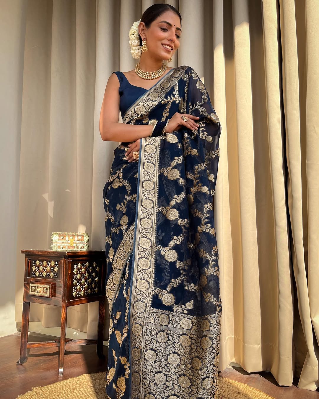Navy Blue Banarasi Silk Saree With Gold Jacquard Work for Women