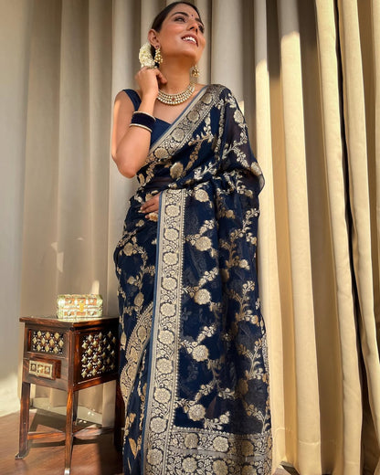 Navy Blue Banarasi Silk Saree With Gold Jacquard Work for Women