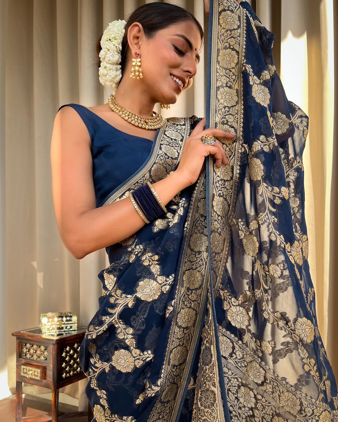 Navy Blue Banarasi Silk Saree With Gold Jacquard Work for Women