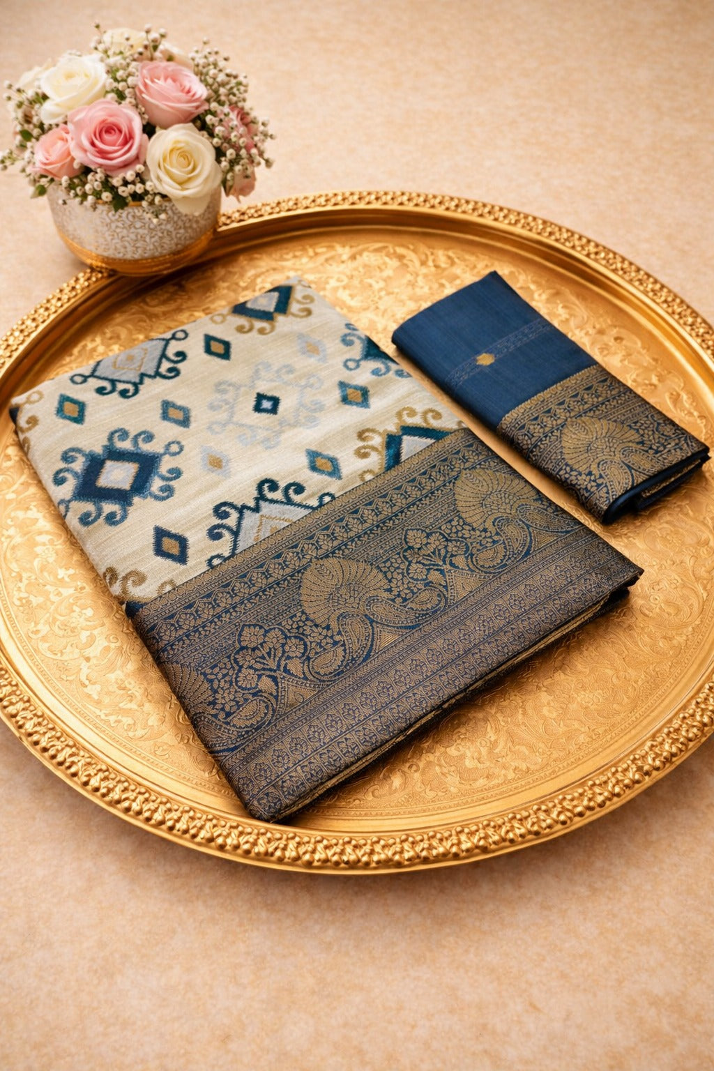 Navy Blue Banarasi Silk Saree with Zari Border