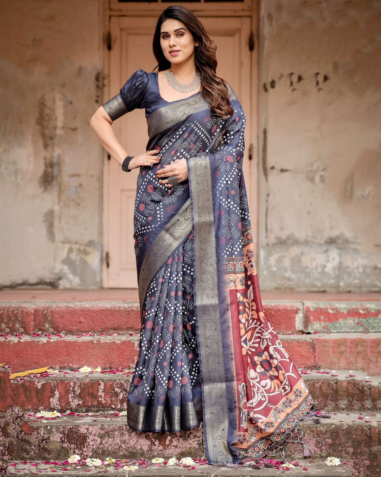 Navy Blue Bandhani Print Tussar Silk Saree with Zari