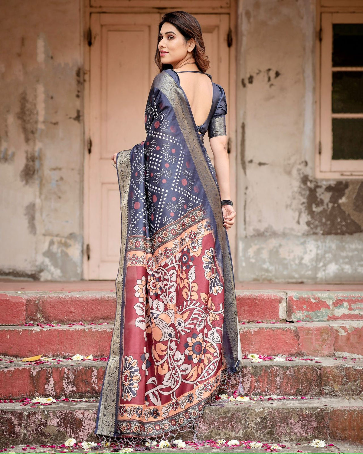 Navy Blue Bandhani Print Tussar Silk Saree with Zari for Women