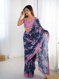 Navy Blue Bloom Heavy Chinnon Party Wear Saree