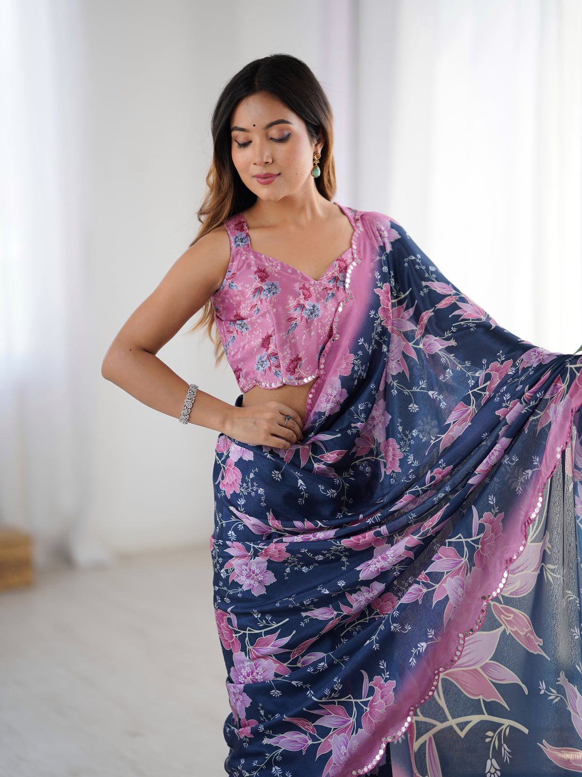 Navy Blue Bloom Heavy Chinnon Party Wear Saree for Women