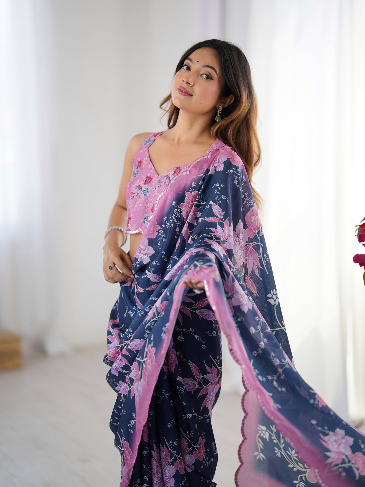 Navy Blue Bloom Heavy Chinnon Party Wear Saree for Women