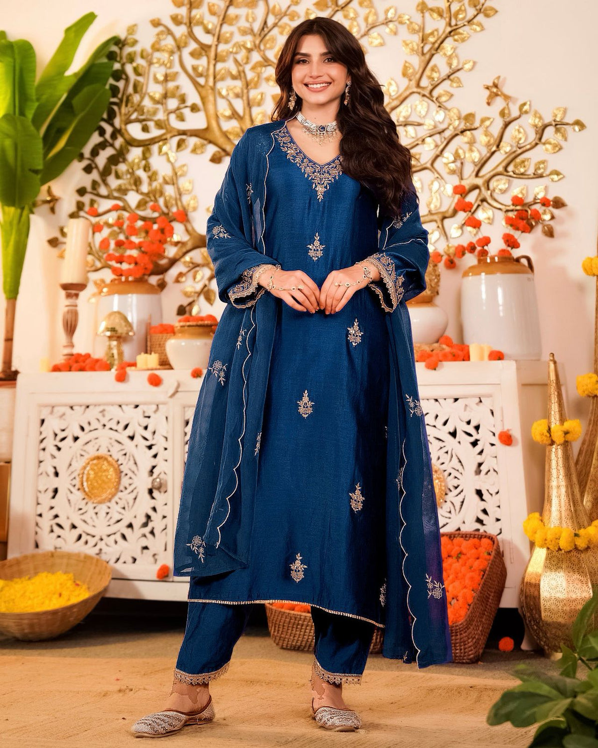 Navy Blue Embroidered Silk Kurta Pant Set for Women