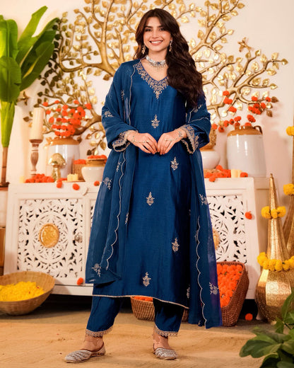 Navy Blue Embroidered Silk Kurta Pant Set for Women