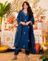 Navy Blue Embroidered Silk Kurta Pant Set for Women
