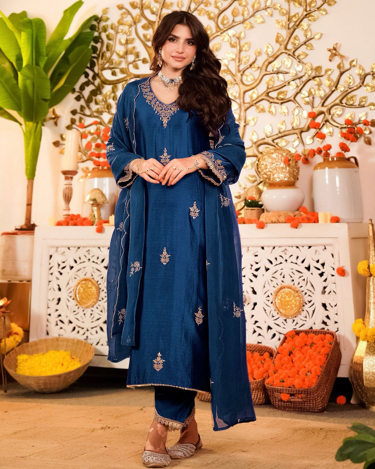 Navy Blue Embroidered Silk Kurta Pant Set for Women