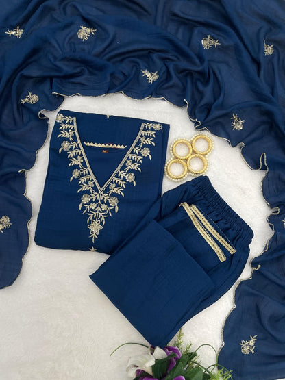 Navy Blue Embroidered Silk Kurta Pant Set for Women