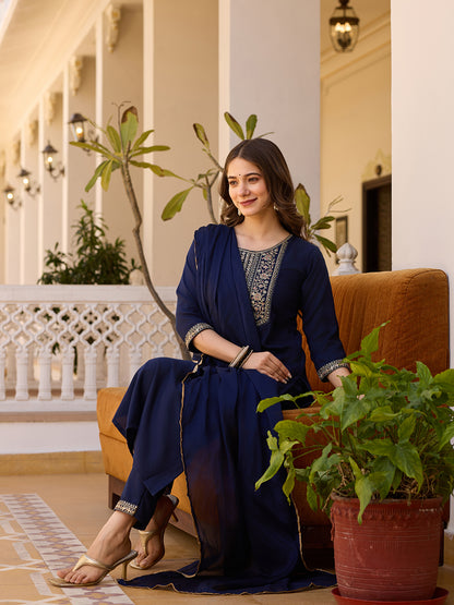 Navy Blue Embroidered Rayon Kurta Set with Chinon Dupatta for Women