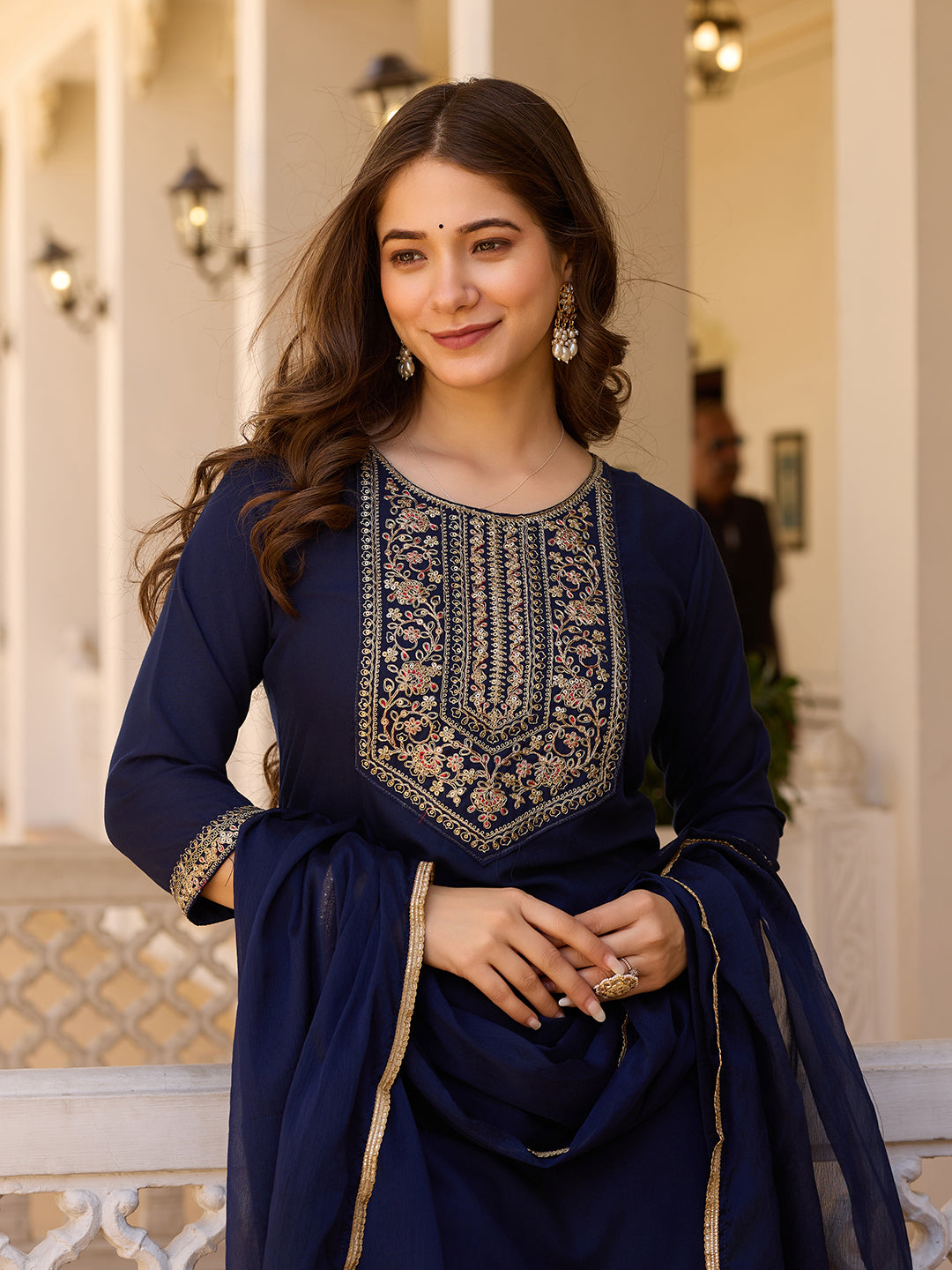 Navy Blue Embroidered Rayon Kurta Set with Chinon Dupatta for Women