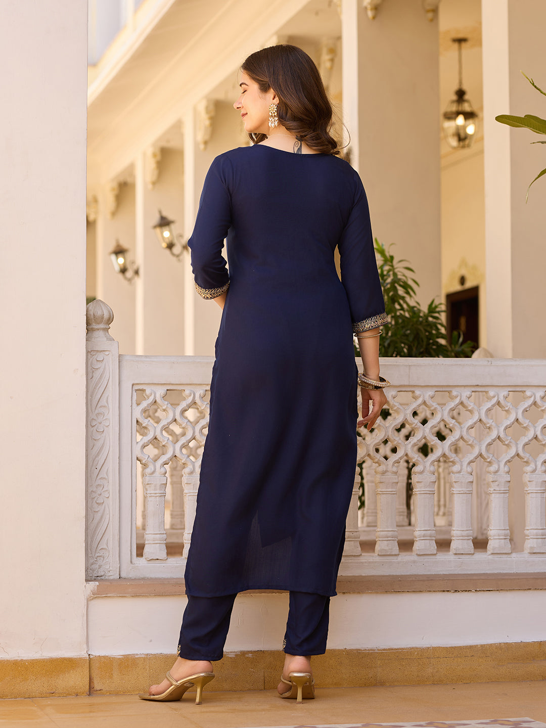 Navy Blue Embroidered Rayon Kurta Set with Chinon Dupatta for Women