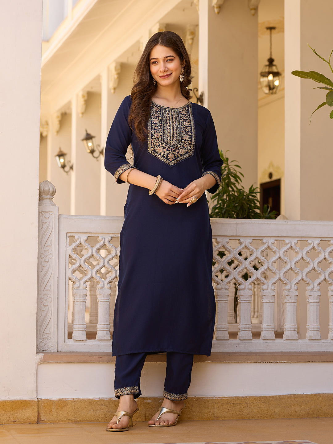 Navy Blue Embroidered Rayon Kurta Set with Chinon Dupatta for Women