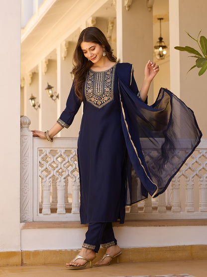 Navy Blue Embroidered Rayon Kurta Set with Chinon Dupatta for Women