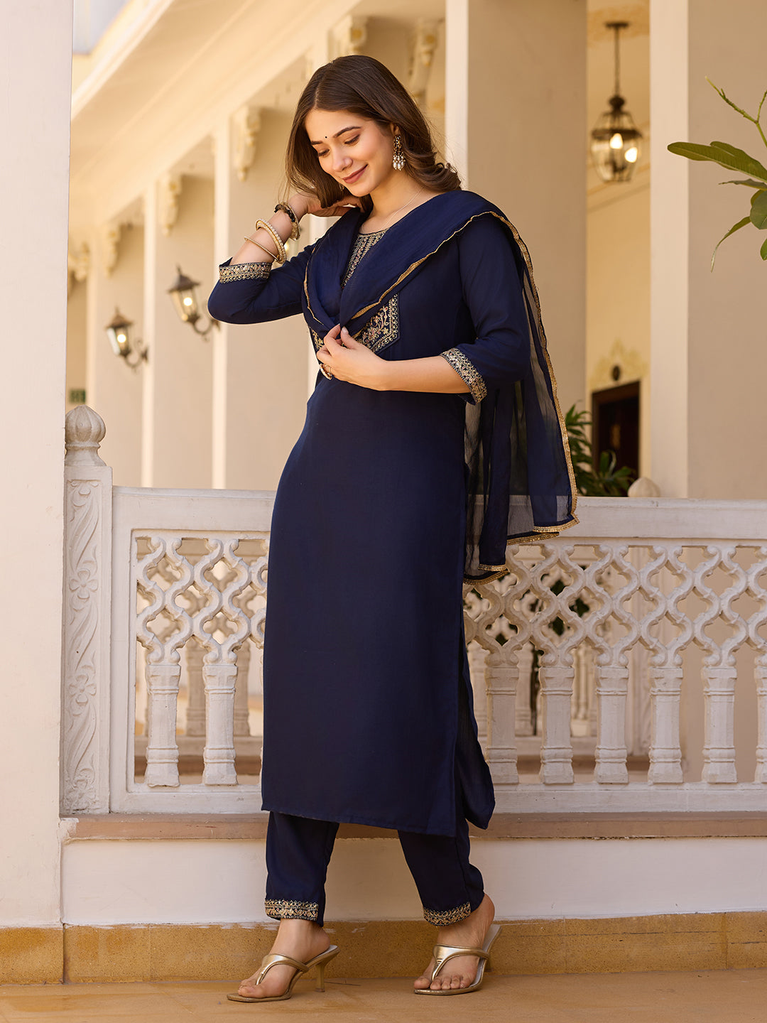 Navy Blue Embroidered Rayon Kurta Set with Chinon Dupatta for Women