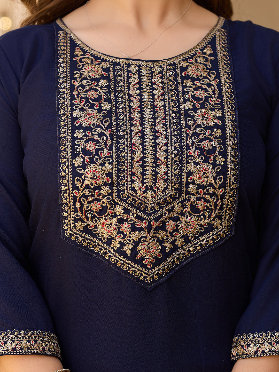 Navy Blue Embroidered Rayon Kurta Set with Chinon Dupatta for Women