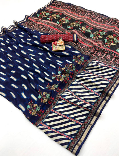 Premium Navy Blue Floral Uppada Silk Party Wear Saree for Women