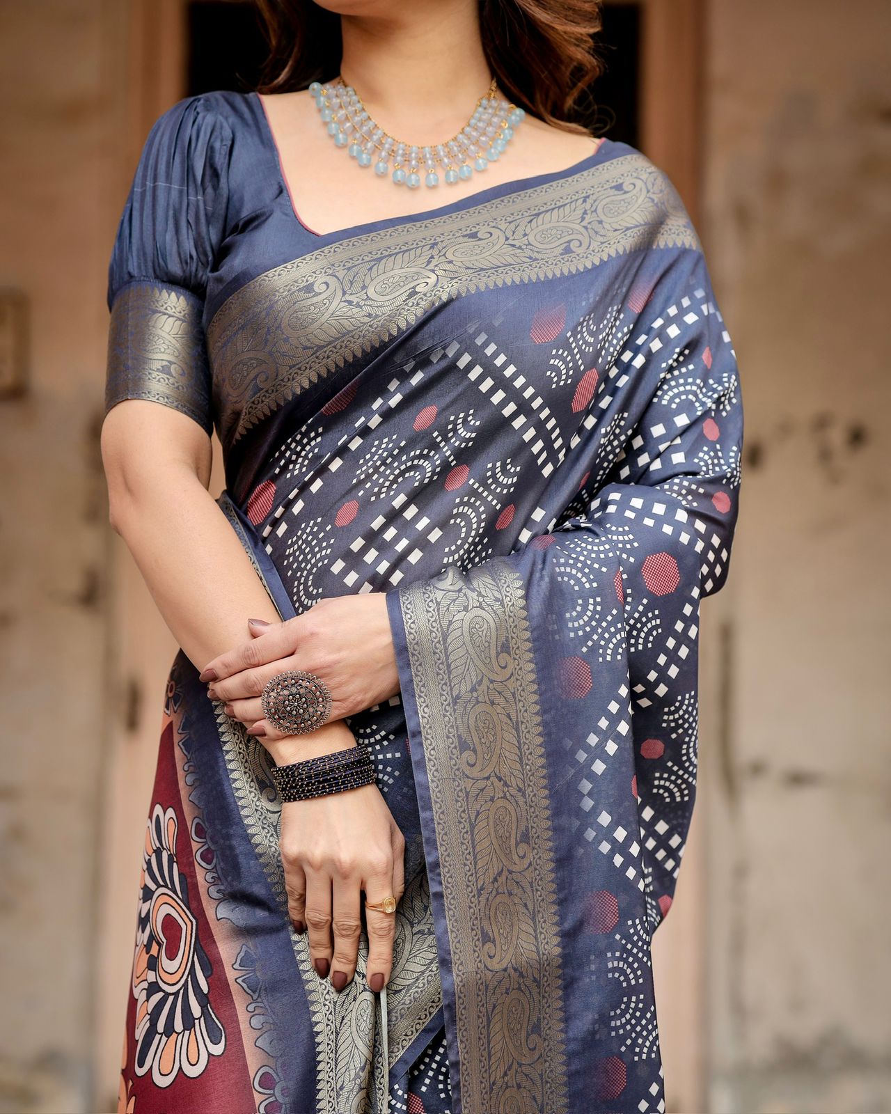 Navy Blue Printed Silk Saree With Blouse
