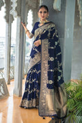 Navy Blue Lichi Silk Saree with Rich Golden Zari Work